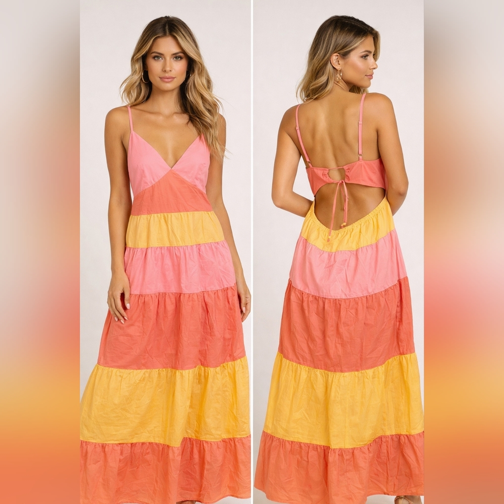 LIFE Love Is For Eternity Colorblock Maxi Dress Pink Yellow Cotton Boho XL
